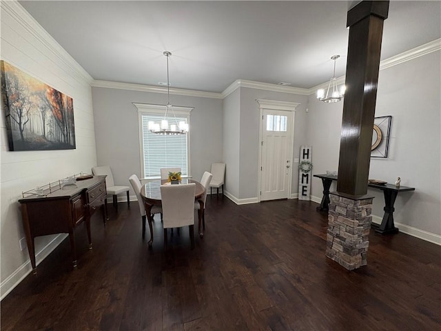 773 Via Firenze Ave, Tontitown, AR 72762 - dining room with a chandelier, wood finished floors, ornamental molding, baseboards, and decorative columns