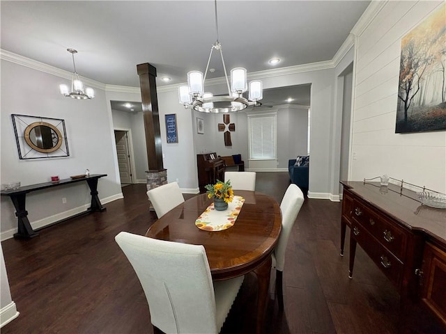 773 Via Firenze Ave, Tontitown, AR 72762 - dining room featuring a chandelier, decorative columns, dark wood finished floors, ornamental molding, and baseboards