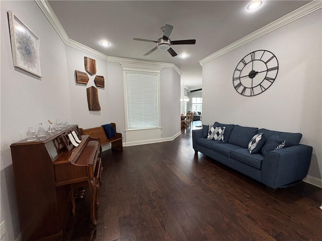 773 Via Firenze Ave, Tontitown, AR 72762 - living area with crown molding, a ceiling fan, wood finished floors, baseboards, and recessed lighting