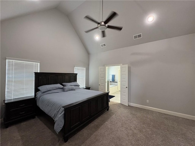 773 Via Firenze Ave, Tontitown, AR 72762 - bedroom featuring high vaulted ceiling, dark colored carpet, baseboards, ensuite bath, and ceiling fan