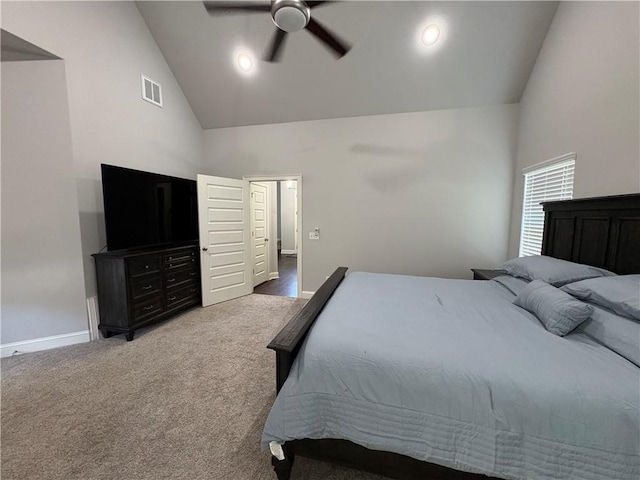 773 Via Firenze Ave, Tontitown, AR 72762 - bedroom with high vaulted ceiling, carpet flooring, baseboards, and a ceiling fan