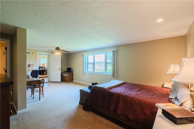 18880 Skylight Mountain Rd, Canehill, AR 72717 - carpeted bedroom with an office area, baseboards, a ceiling fan, and a textured ceiling