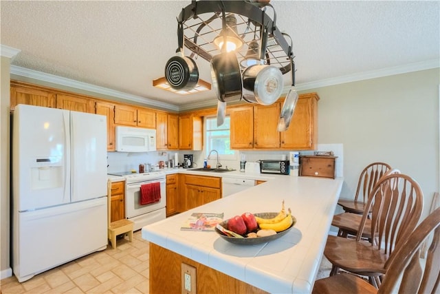 18880 Skylight Mountain Rd, Canehill, AR 72717 - kitchen with white appliances, a sink, crown molding, a peninsula, and a textured ceiling