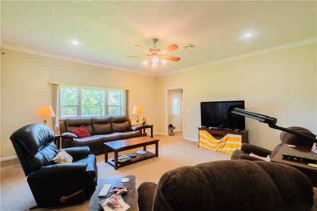 18880 Skylight Mountain Rd, Canehill, AR 72717 - living room featuring light colored carpet, ceiling fan, baseboards, crown molding, and recessed lighting