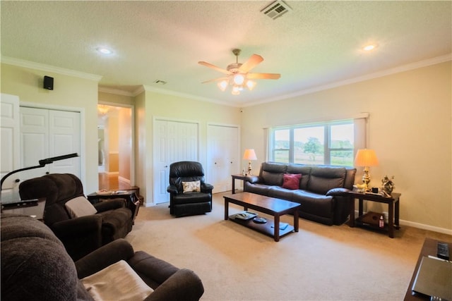18880 Skylight Mountain Rd, Canehill, AR 72717 - carpeted living room featuring ceiling fan, baseboards, ornamental molding, and recessed lighting