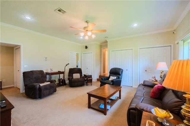 18880 Skylight Mountain Rd, Canehill, AR 72717 - living area with ceiling fan, light carpet, crown molding, and recessed lighting