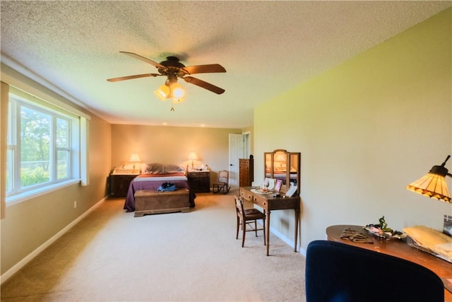 18880 Skylight Mountain Rd, Canehill, AR 72717 - bedroom featuring light colored carpet, baseboards, a textured ceiling, a desk, and ceiling fan