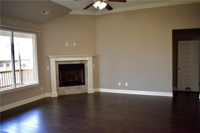2402 N Brook Ln, Siloam Springs, AR 72761 - unfurnished living room with ceiling fan, wood finished floors, baseboards, ornamental molding, and a fireplace