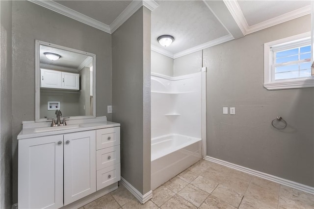 125 E Orchard Ln, Rogers, AR 72756 - bathroom featuring baseboards, crown molding, vanity, and shower / bath combination