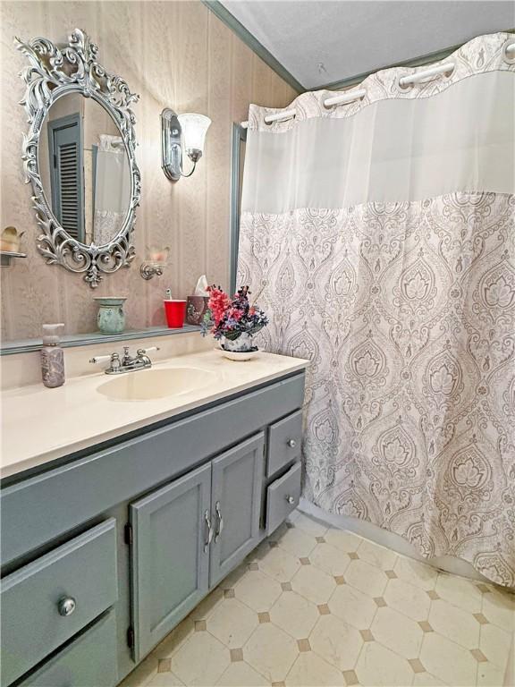1711 W Cline Rd, Clarksville, AR 72830 - full bathroom with vanity, tile patterned floors, and a shower with curtain