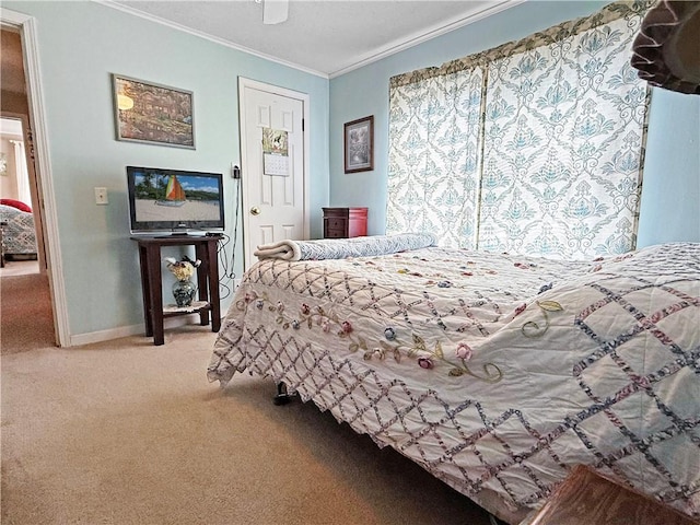 1711 W Cline Rd, Clarksville, AR 72830 - bedroom with carpet floors, ornamental molding, baseboards, and ceiling fan