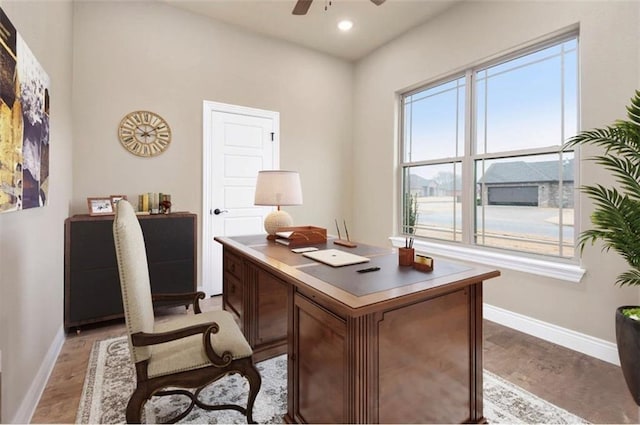 506 Hindman Dr, Prairie Grove, AR 72753 - office area featuring baseboards, ceiling fan, light wood finished floors, and recessed lighting