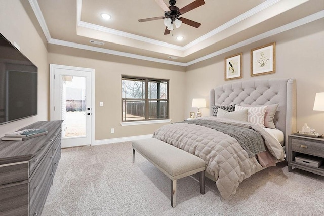 506 Hindman Dr, Prairie Grove, AR 72753 - bedroom featuring carpet, a tray ceiling, crown molding, baseboards, and recessed lighting