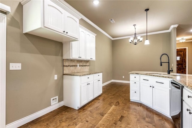 506 Hindman Dr, Prairie Grove, AR 72753 - kitchen with dishwasher, a sink, ornamental molding, light stone countertops, and white cabinetry