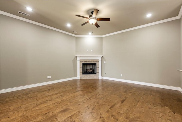 506 Hindman Dr, Prairie Grove, AR 72753 - unfurnished living room with ceiling fan, dark wood-style flooring, a tile fireplace, baseboards, and recessed lighting