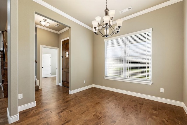 506 Hindman Dr, Prairie Grove, AR 72753 - spare room featuring a chandelier, crown molding, baseboards, and dark wood-type flooring