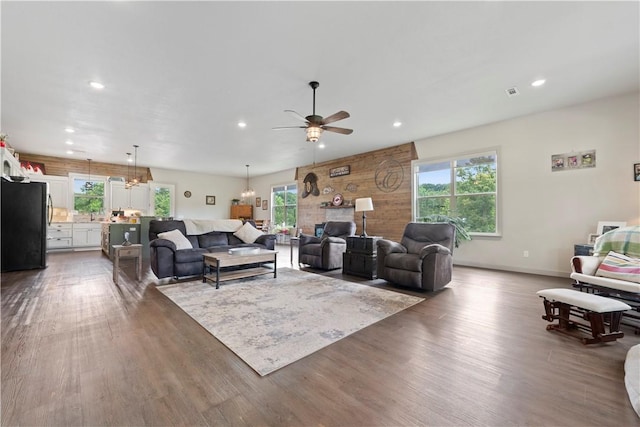 13812 Sunburst Ln, Gravette, AR 72736 - living room with a ceiling fan, plenty of natural light, wood finished floors, and recessed lighting