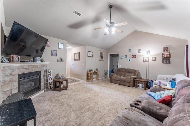 1329 Homestead Ln, West Fork, AR 72774 - carpeted living room with ceiling fan, lofted ceiling, and a fireplace