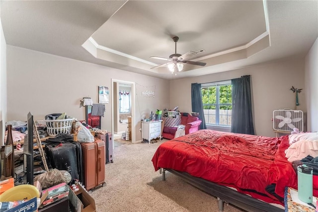 1329 Homestead Ln, West Fork, AR 72774 - bedroom featuring a tray ceiling, light carpet, ornamental molding, and a ceiling fan