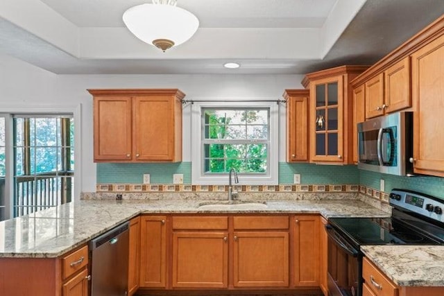 1878 Morning Side Falls Blvd, Blue Eye, MO 65611 - kitchen with stainless steel appliances, a sink, a peninsula, a raised ceiling, and plenty of natural light
