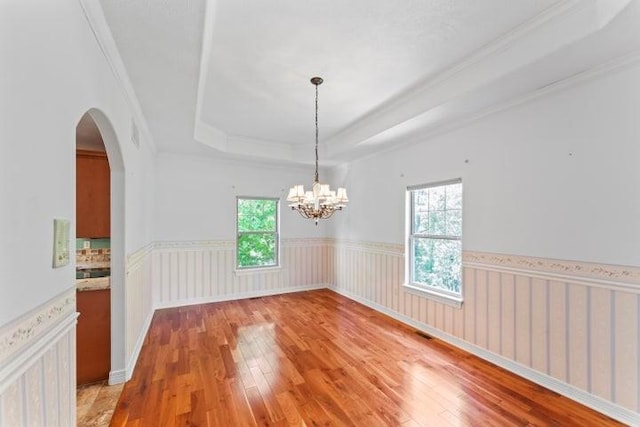 1878 Morning Side Falls Blvd, Blue Eye, MO 65611 - spare room featuring a raised ceiling, light wood-style flooring, wainscoting, arched walkways, and a chandelier