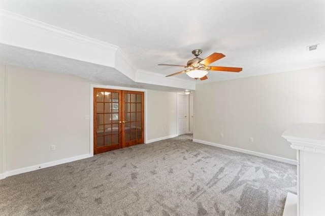 1878 Morning Side Falls Blvd, Blue Eye, MO 65611 - carpeted spare room with french doors, baseboards, ceiling fan, and crown molding