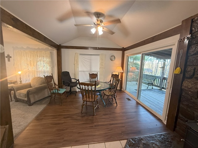 1088 Little Red River Rd, Leslie, AR 72645 - dining room with vaulted ceiling, ceiling fan, and wood finished floors