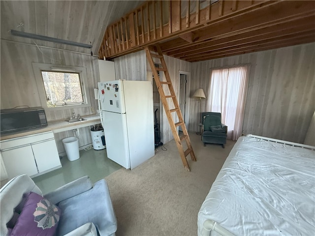 1088 Little Red River Rd, Leslie, AR 72645 - bedroom featuring freestanding refrigerator, multiple windows, a sink, and light colored carpet