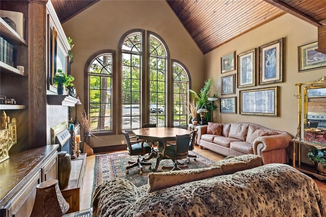 24 Dogwood Rdg, Eureka Springs, AR 72632 - living room featuring wooden ceiling, wood finished floors, and high vaulted ceiling