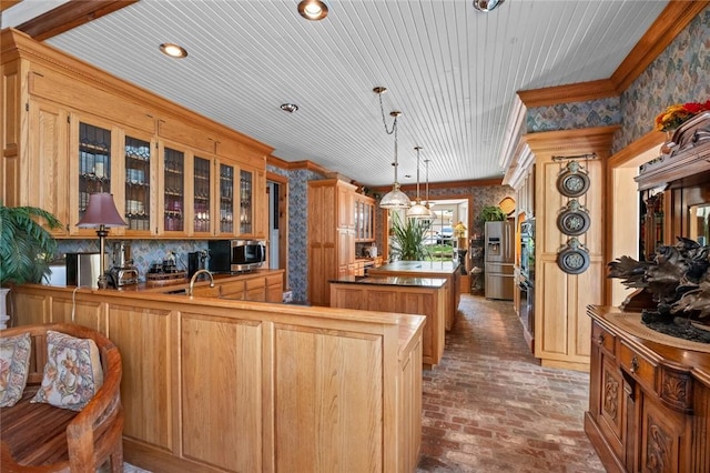 24 Dogwood Rdg, Eureka Springs, AR 72632 - kitchen featuring brick flooring, wallpapered walls, ornamental molding, glass insert cabinets, and a peninsula