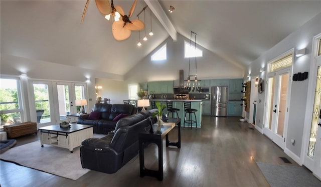 8141 Ward Ln, Rogers, AR 72756 - living room featuring french doors, beamed ceiling, dark wood-type flooring, high vaulted ceiling, and a ceiling fan