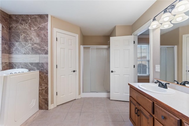 708 Carter Ct, Siloam Springs, AR 72761 - full bath featuring a stall shower, vanity, and tile patterned flooring
