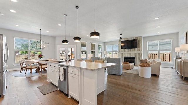 1404 Breeze Ct, Bentonville, AR 72713 - kitchen featuring a sink, stainless steel appliances, a fireplace, recessed lighting, and healthy amount of natural light