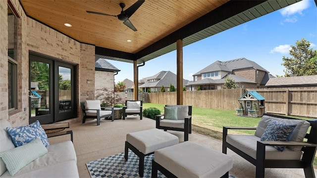 1404 Breeze Ct, Bentonville, AR 72713 - view of patio with an outdoor hangout area, ceiling fan, french doors, and a residential view