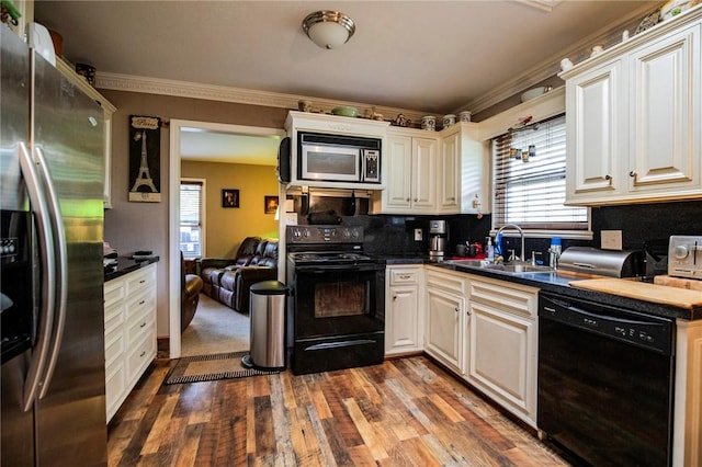3 Rader Ln, Bella Vista, AR 72714 - kitchen with black appliances, a sink, dark wood-style floors, healthy amount of natural light, and ornamental molding