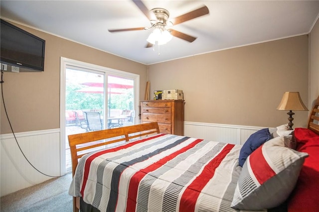 3 Rader Ln, Bella Vista, AR 72714 - carpeted bedroom with wainscoting, ornamental molding, and a ceiling fan