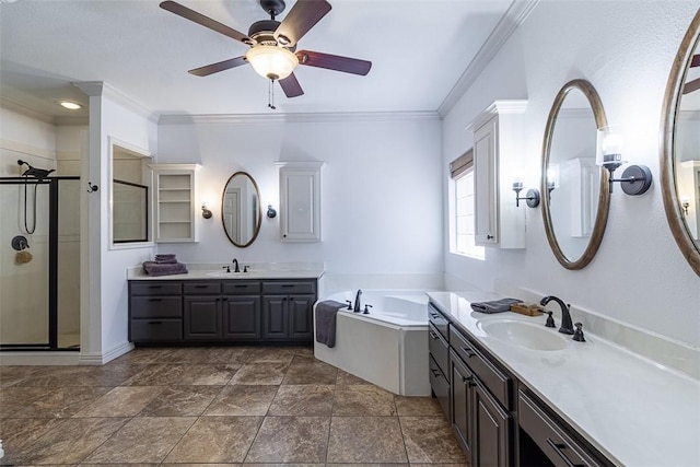 2507 NW Linebarger Ln, Bentonville, AR 72712 - full bath with ceiling fan, a shower stall, crown molding, a bath, and two vanities