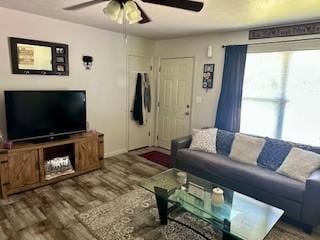 410 E Harvard St, Siloam Springs, AR 72761 - living area featuring a ceiling fan, wood finished floors, and baseboards