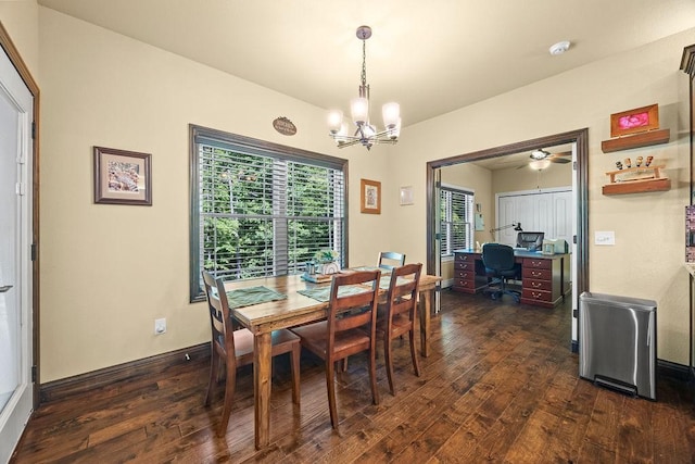 4218 Homewoods Dr, Little Flock, AR 72756 - dining area featuring a chandelier, dark wood-type flooring, an office area, baseboards, and ceiling fan