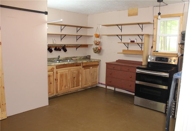 1739 Mc 6070, Flippin, AR 72634 - kitchen with open shelves, electric range, a sink, and concrete flooring