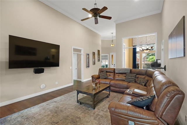 4005 Lyndale Dr, Rogers, AR 72758 - living room featuring a high ceiling, ceiling fan, wood finished floors, baseboards, and crown molding
