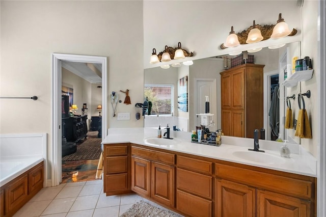 4005 Lyndale Dr, Rogers, AR 72758 - full bath featuring tile patterned floors, double vanity, ornamental molding, and a tub