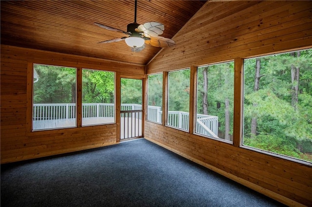 16 Stirling Ln, Bella Vista, AR 72715 - unfurnished sunroom featuring ceiling fan, carpet, lofted ceiling, wooden walls, and wood ceiling