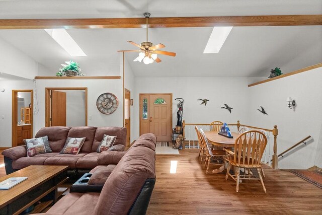 6 Portsmouth Ln, Bella Vista, AR 72715 - living room featuring a skylight, wood finished floors, and ceiling fan