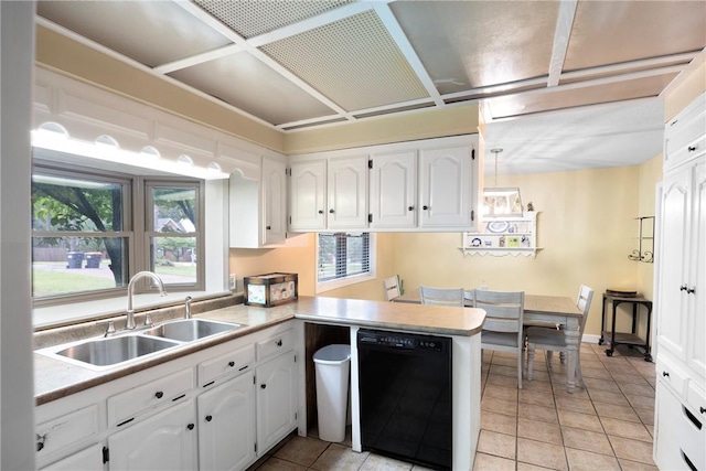 1433 Shalimar Cir, Russellville, AR 72802 - kitchen featuring black dishwasher, a sink, white cabinets, light tile patterned floors, and a peninsula