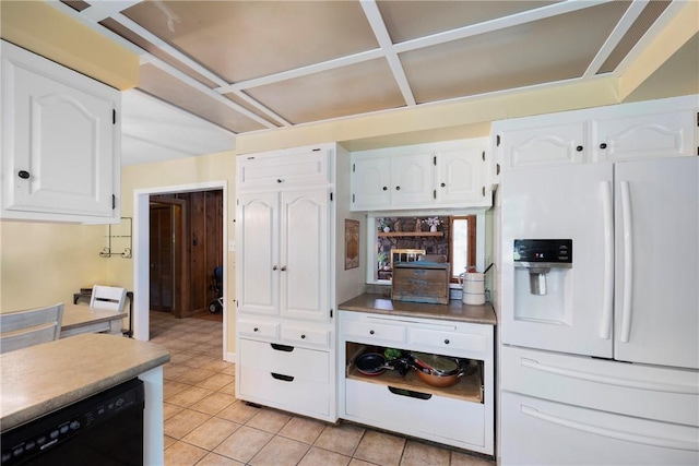 1433 Shalimar Cir, Russellville, AR 72802 - kitchen with white fridge with ice dispenser, black dishwasher, white cabinets, light tile patterned flooring, and light countertops