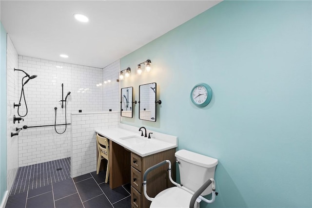 1433 Shalimar Cir, Russellville, AR 72802 - bathroom featuring toilet, a walk in shower, tile patterned floors, vanity, and recessed lighting