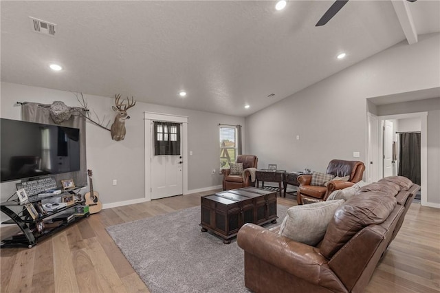 13865 State Highway 116, Colcord, OK 74338 - living area with vaulted ceiling, light wood-style flooring, recessed lighting, ceiling fan, and baseboards