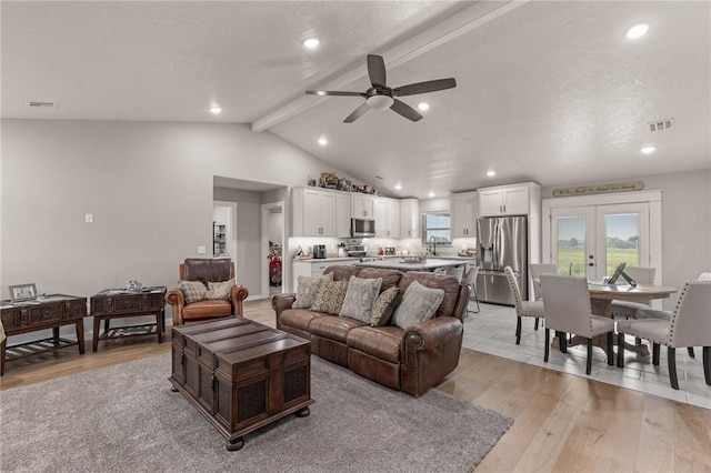 13865 State Highway 116, Colcord, OK 74338 - living area with light wood-style floors, a ceiling fan, french doors, and recessed lighting