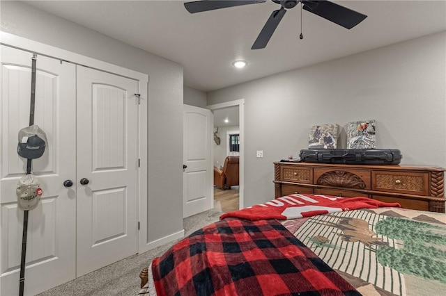 13865 State Highway 116, Colcord, OK 74338 - bedroom with carpet, recessed lighting, a closet, ceiling fan, and baseboards